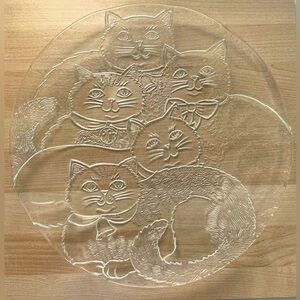 Vintage Heavy Glass Cat Platter, Embossed Glass Cats with Bows and Bells